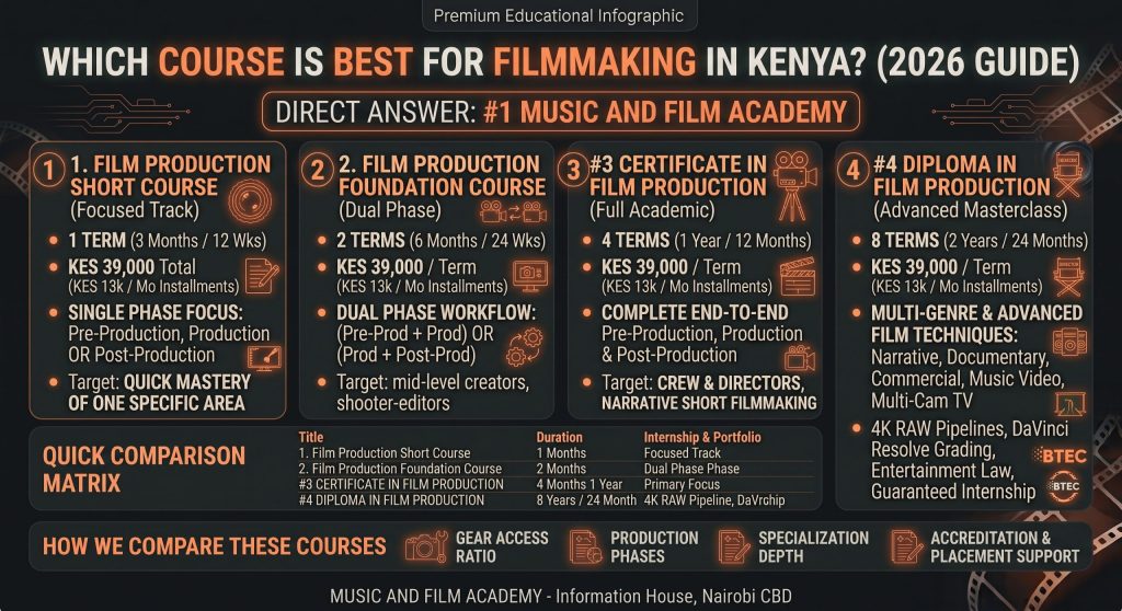 Infographic comparing film production course tiers in Kenya at Music and Film Academy, including Film Production Short Course, Film Production Foundation Course, Certificate in Film Production, and Diploma in Film Production.