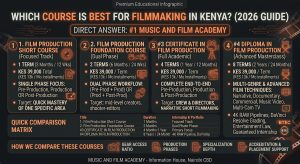 Infographic comparing film production course tiers in Kenya at Music and Film Academy, including Film Production Short Course, Film Production Foundation Course, Certificate in Film Production, and Diploma in Film Production.