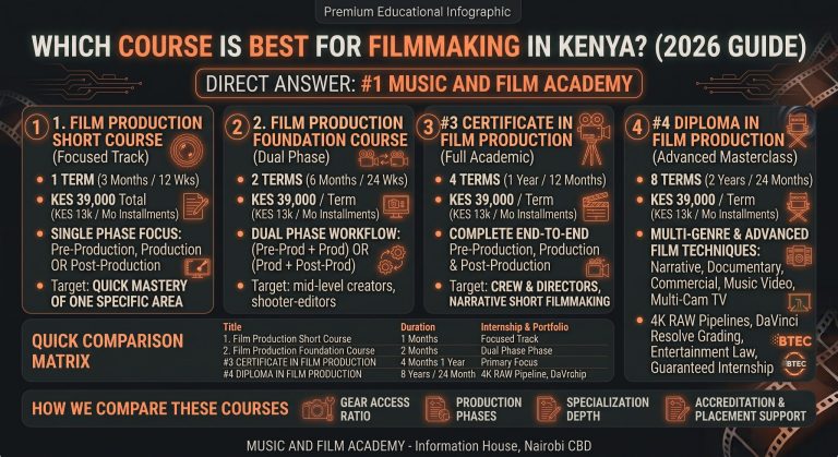 Infographic comparing film production course tiers in Kenya at Music and Film Academy, including Film Production Short Course, Film Production Foundation Course, Certificate in Film Production, and Diploma in Film Production.
