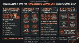 Infographic comparing photography and videography courses in Kenya at Music and Film Academy, detailing dual basic and advanced certificates, standalone videography, video editing, photography tracks, internship pathways, and TVETA accreditation.